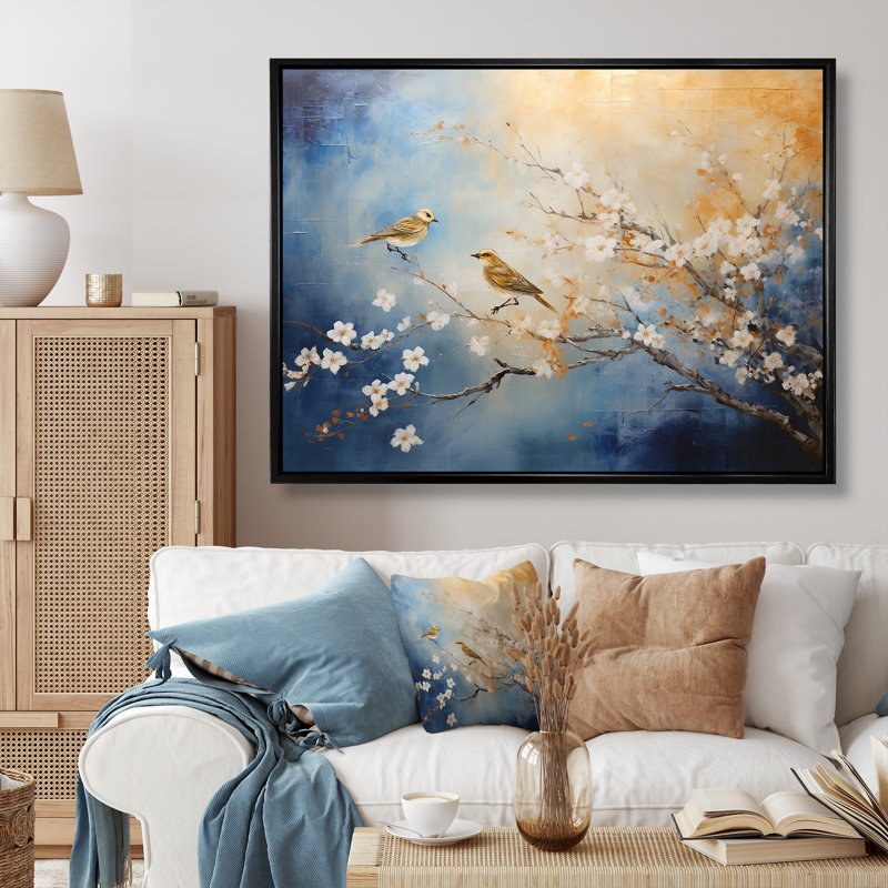 Oiseaux dorés et bleus sur un arbre floral - Art mural oiseau, H 34 po x l 44 po x P 1,5 po, Cadre flottant noir