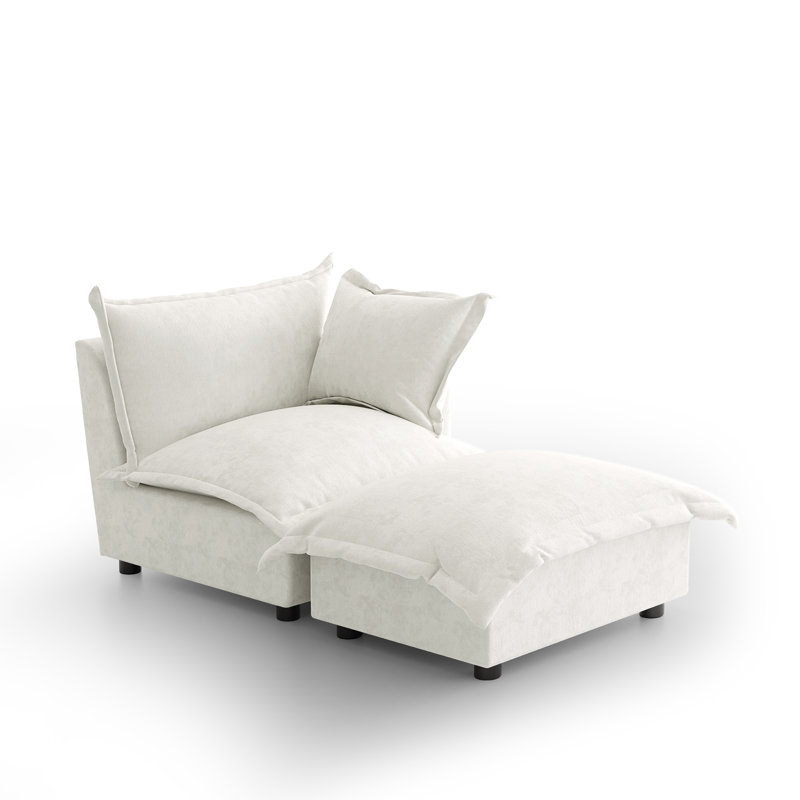 Plush Beige Upholstered Chenille Accent Chair with Oversized Cloud Cushions and Movable Ottoman, Beige
