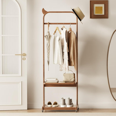 Aaryahi Solid Wood Garment Rack with Shelves and Wheels, Heavy Duty Clothes Rack with Hanging Rod Hooks and Shoe Storage, Freestanding Closet Organizer for Bedroom Entryway