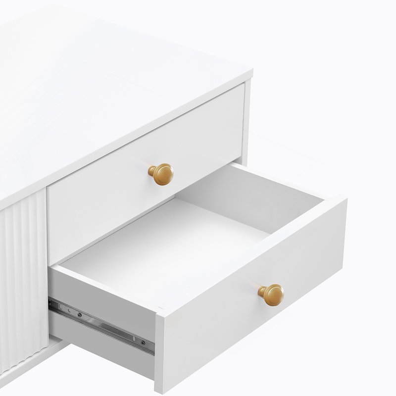 Meuble télé contemporain, tablettes réglables, téléviseur 78 po, Blanc