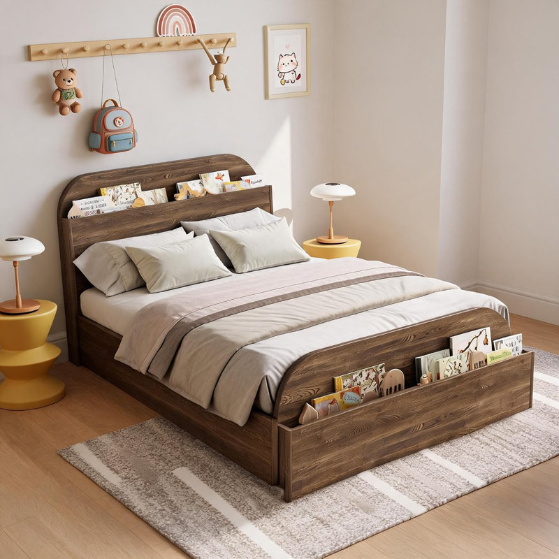 Structure de lit en bois avec tête et pied de lit avec rangement, lit plateforme à profil bas avec lattes de bois, aucun sommier requis
