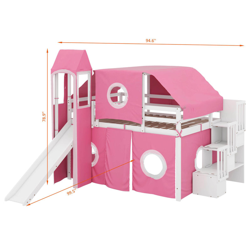 Lit mezzanine double avec tour et tente, Rose