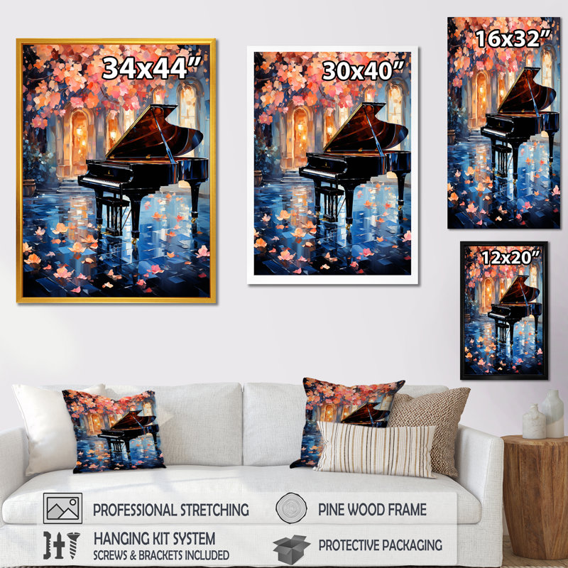 Grand Piano Floral Symphony - Piano, art mural, Cadre flottant doré, H 32 po x l 16 po x P 1 po