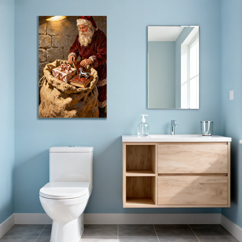 Noël père Noël emballant des cadeaux dans un sac, H 18 po x l 12 po
