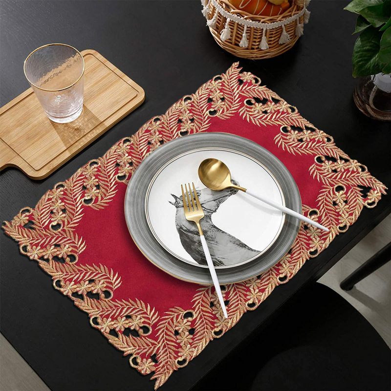 Ferra Luxury Dining Table Placemats for Valentines Placemats– Rectangular Elegant Golden Lace Polyester, Burgundy/Gold