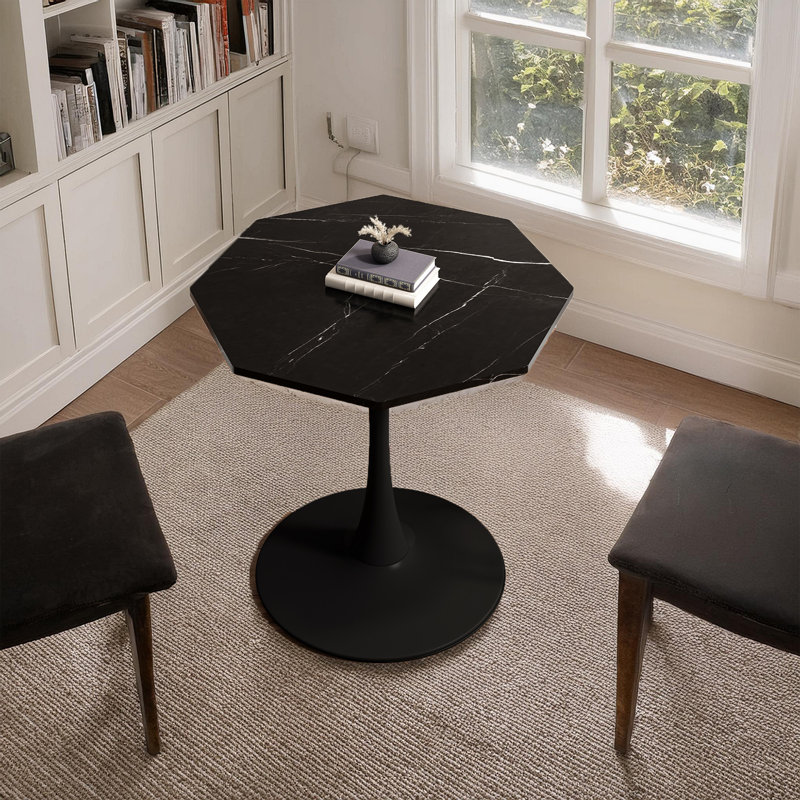 Table basse 31,50 "octogonale, base en métal, Plateau en marbre noir / base noire