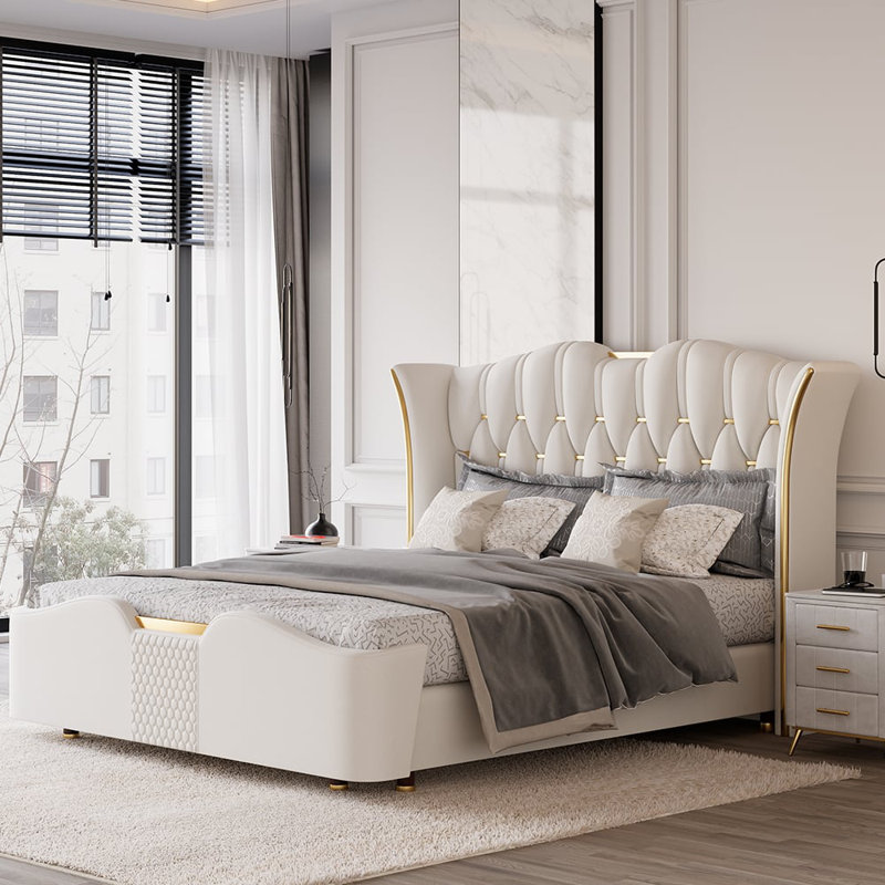 Upholstered Bed Frame With Tufted Wingback Headboard, White