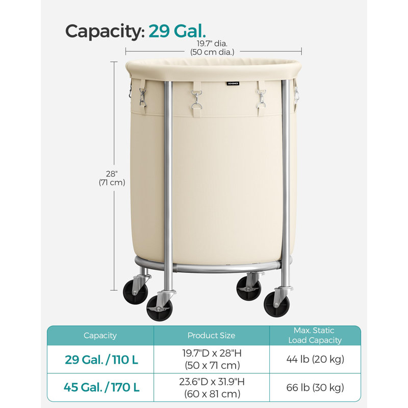Round Laundry Cart with Steel Frame, Silver/Cream