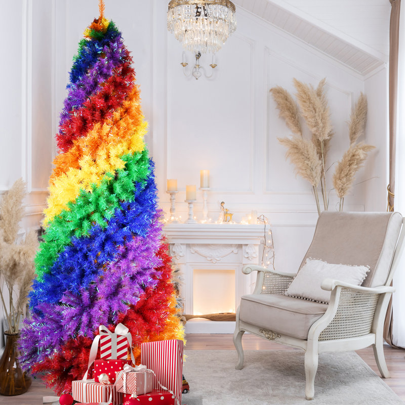Arbre de Noël artificiel de 7,5 pi dans des branches colorées de 1825 pointes, un design en spirale, un support en métal, un présentoir complet et festif, un arc-en-ciel facile à assembler et à ranger