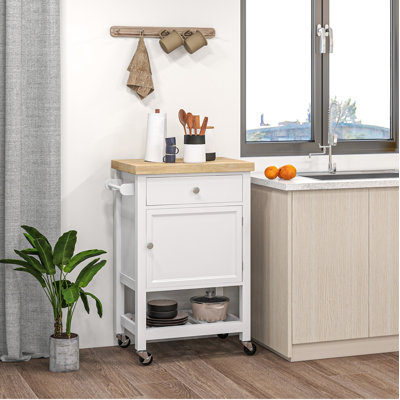 Chariot de cuisine, îlot de cuisine roulant avec plateau en bois d'hévéa lisse, surface de bloc de boucher étroite sur roulettes avec tiroir de rangement et armoire
