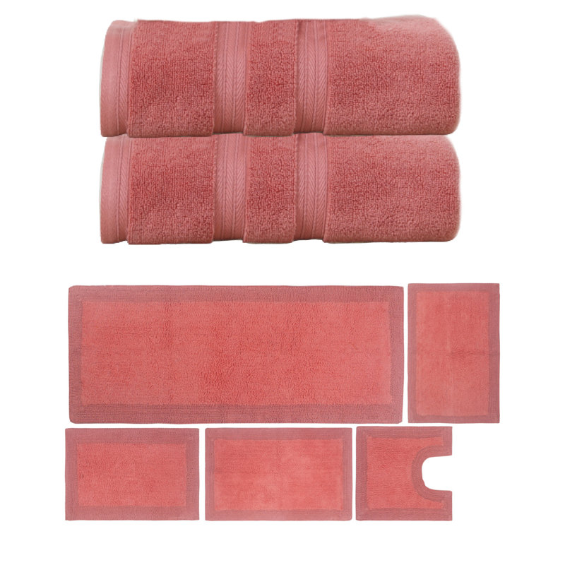 Buariki Collection 100% Soft Cotton 2 Pc Bath Towel Set & Bath Rug Set, Reversible, Coral