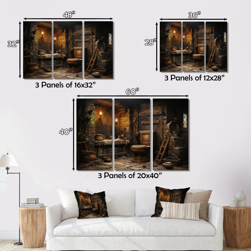 "Bathroom Bathroom", impression rustique sur toile 3 pièces, H 28 po x l 36 po x P 1 po