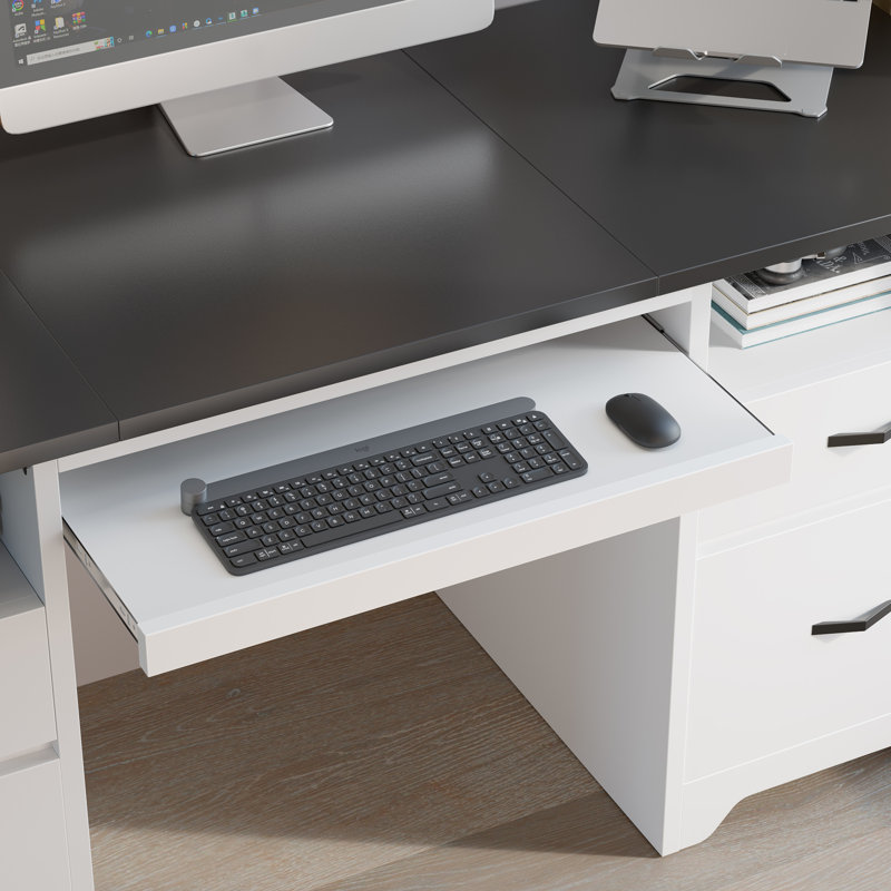 59" Symmetric Computer Desk with Power Strip & Keyboard Tray, Office Desk with Ample Storage, White