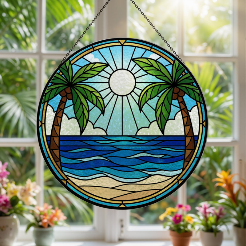 7.8"H Tropical Beach Stained Glass Window Panel, 7.8" H x 7.8" W