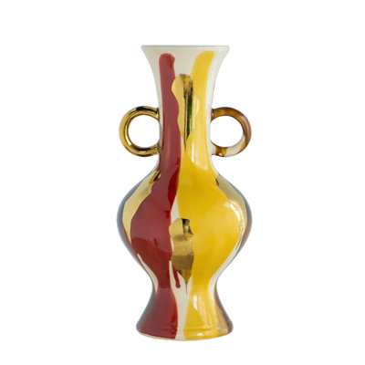 Round Ceramic Vase With Abstract Multicolored Finish And Small Handles
