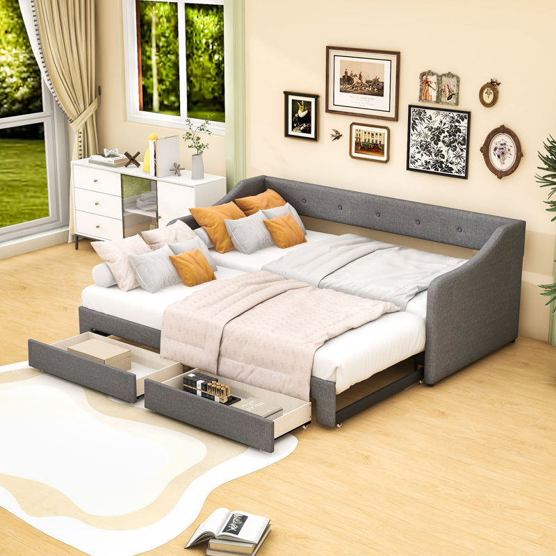 Lit de jour extensible simple TG à très grand lit avec dossier capitonné et 2 tiroirs de rangement, Gris