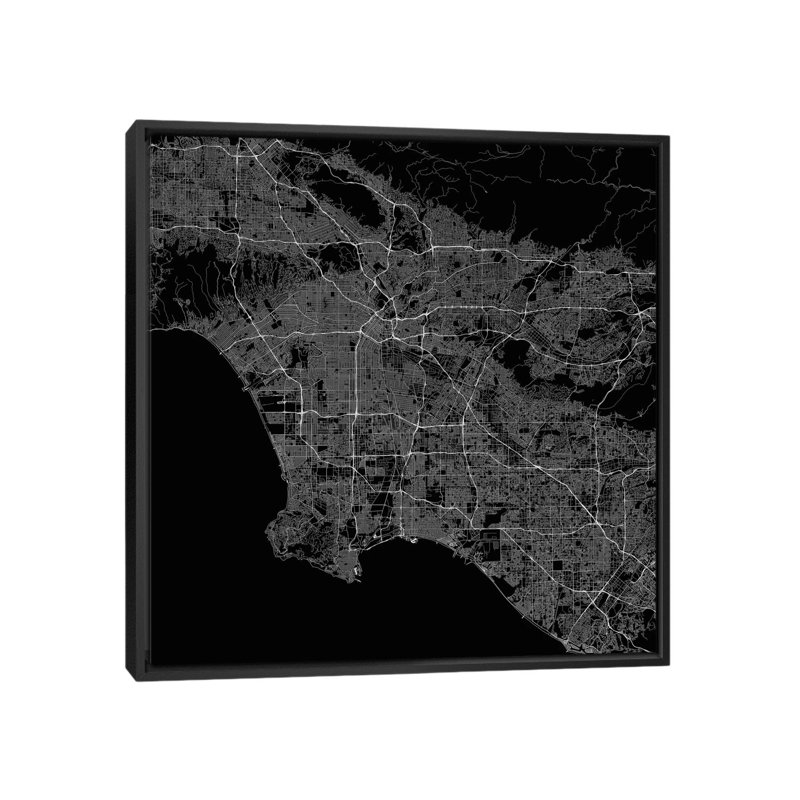 " Los Angeles Urban Roadway Map (Black) " by Urbanmap, 18" H x 18" W x 1.5" D, Black Framed Canvas, No Mat
