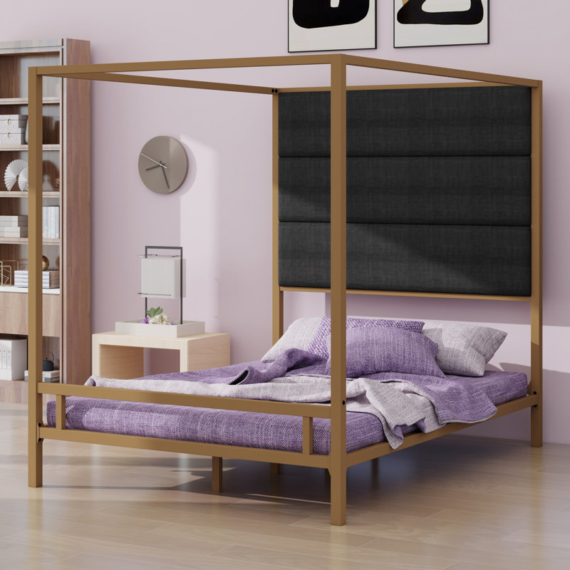 Lit à baldaquin raffiné pour chambre à coucher de style moderne avec tête de lit haute tapissier, Grand lit, Gris foncé, or