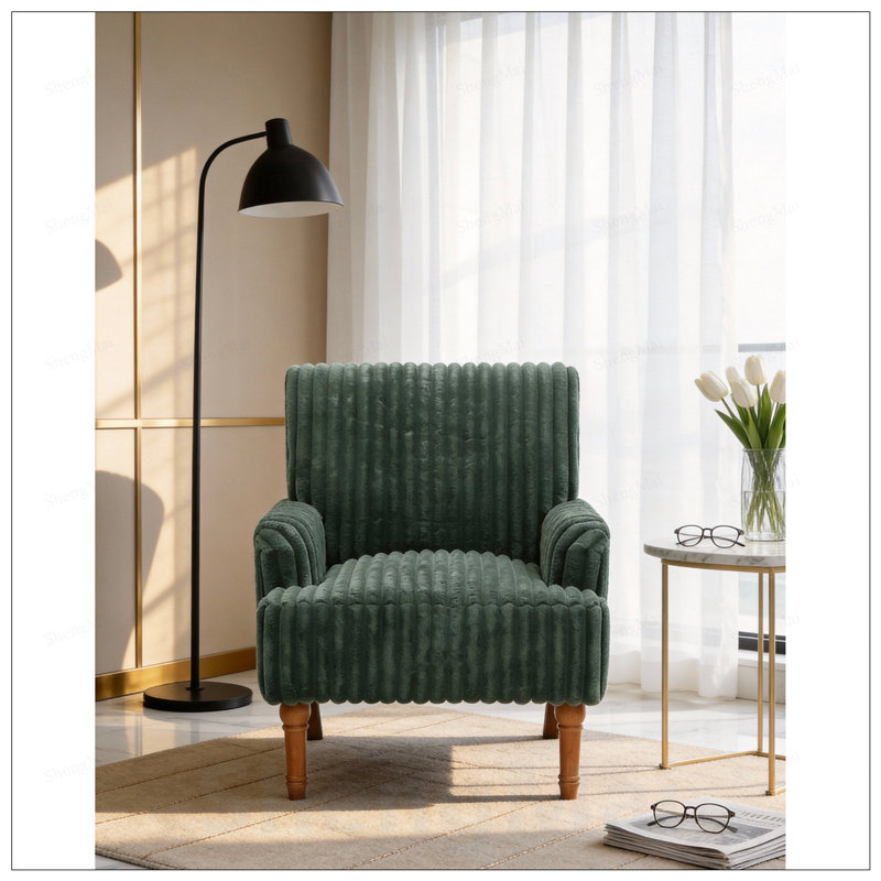 Chaise d'appoint moderne avec velours côtelé, pieds en bois massif et fauteuil rembourré confortable de couleur vert armée pour le salon
