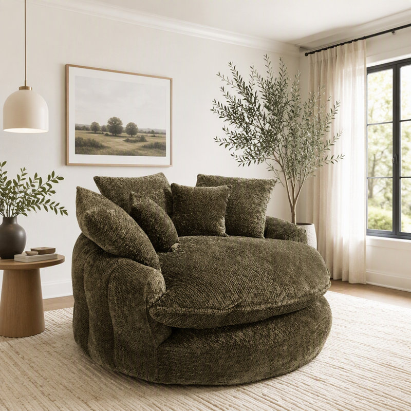 Fauteuil méridienne large avec coussins, Olive Green