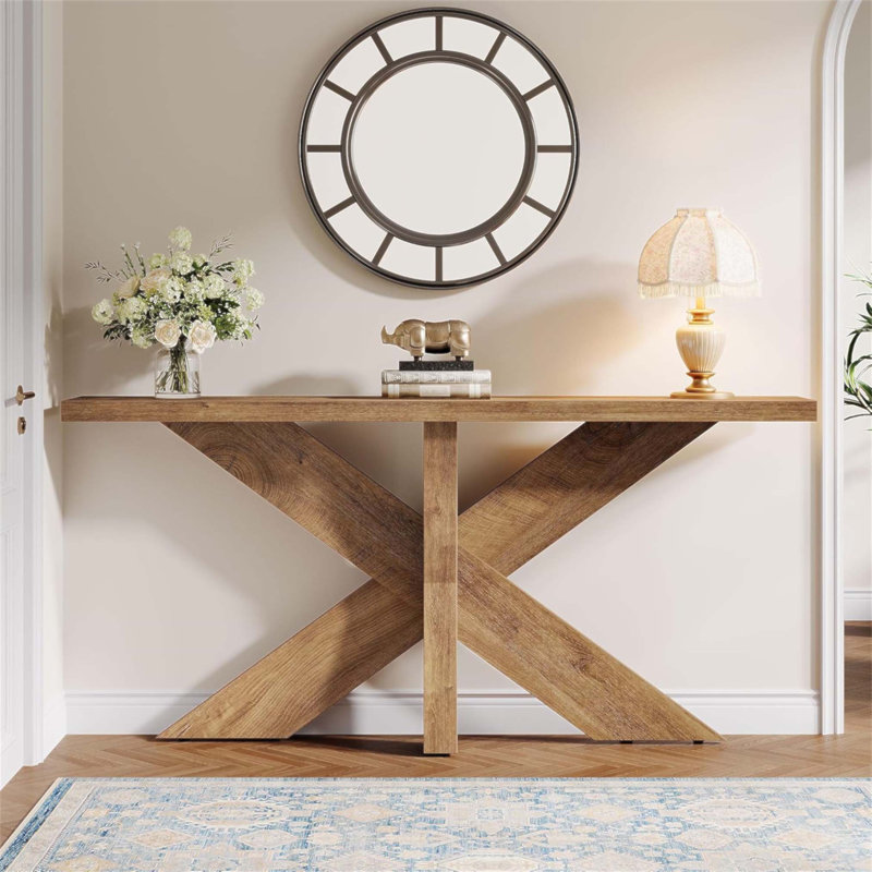 Console de style maison de campagne de 70,9 po de long, canapé brun chêne derrière le canapé avec base géométrique en bois, table d'appoint de vestibule pour le salon