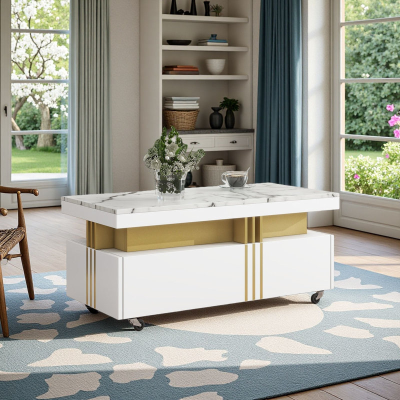 Table basse à roulettes avec rangement Maryjoan, Blanc / Doré