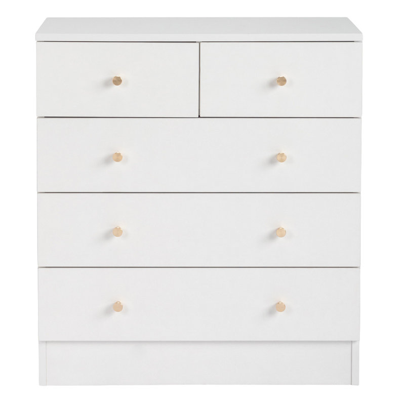 Small White 5-Drawer Dresser, 26" Wide – Nursery & Bedroom Chest, Rose-Gold Handles, Anti-Tip