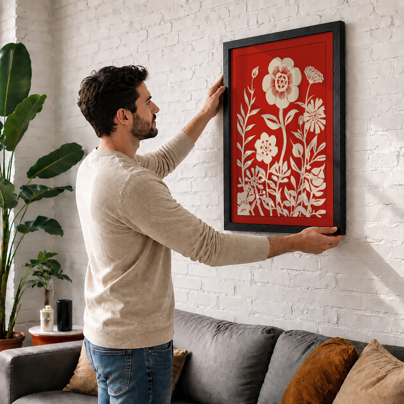 Floral Pattern In Red Botanical - Print, A1 - 84.1 x 59.4 cm, White