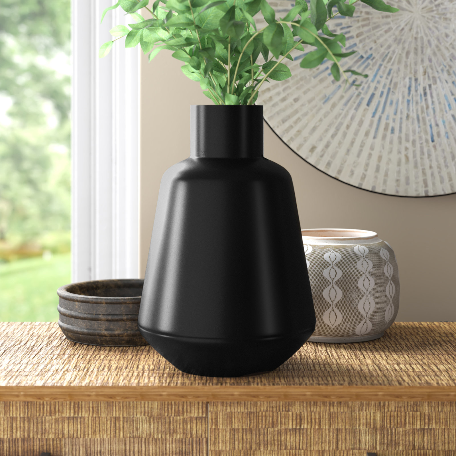 Glass Decorative Vase with Gold Rim, Black
