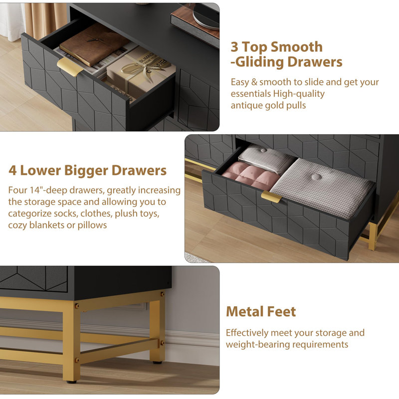 135.9 cm W Chest of 7 Drawers, Black