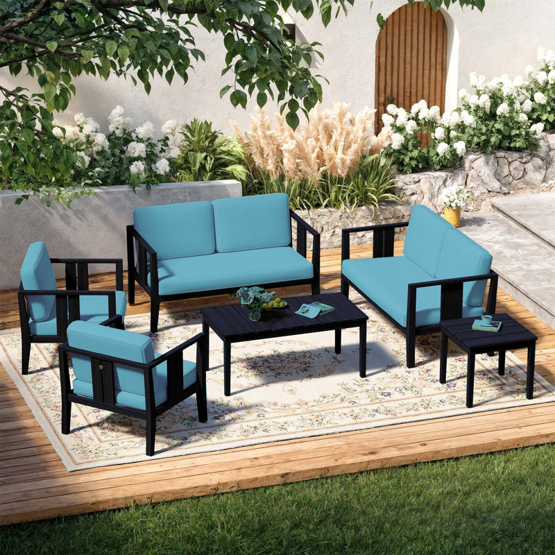 Ensemble de patio extérieur en teck Junco pour six personnes avec coussins et deux tables, Gris, Noir