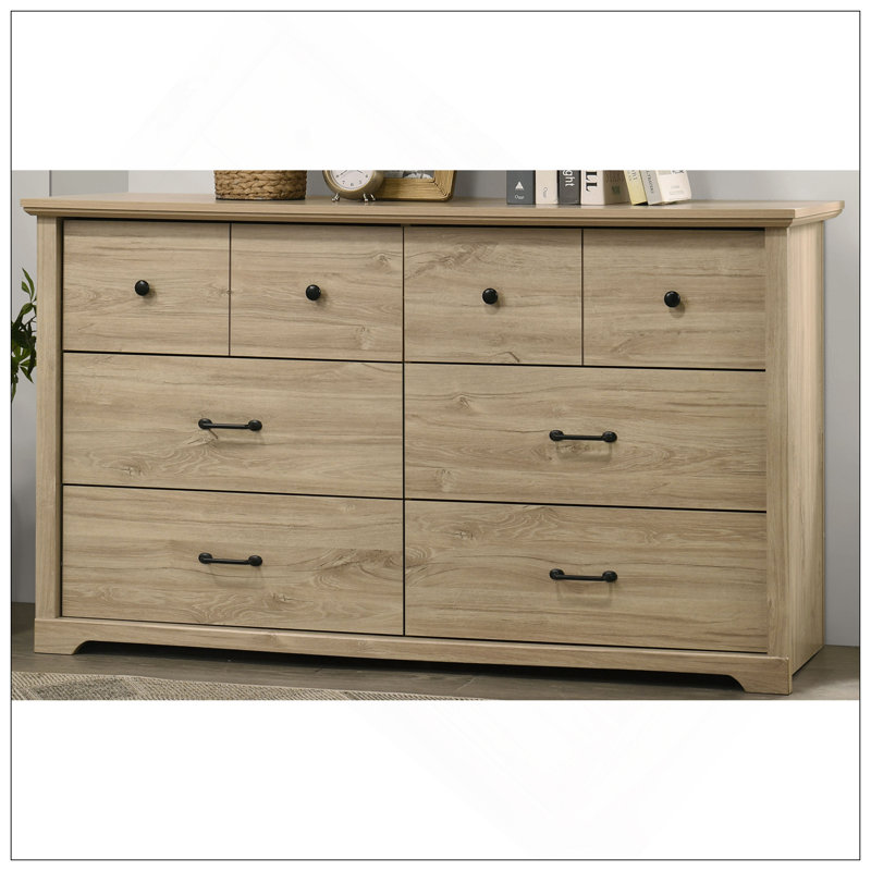 Commode 6 tiroirs avec poignées noires Elara, Chêne clair