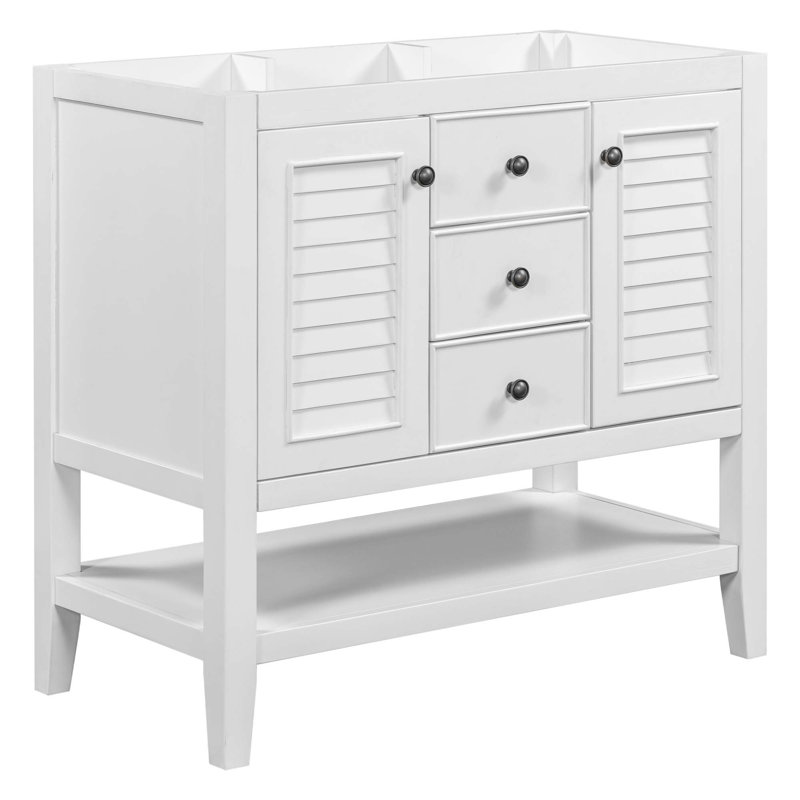 (Base seulement) Meuble-lavabo sans lavabo, 2 armoires et tiroirs, tablette ouverte, Blanc