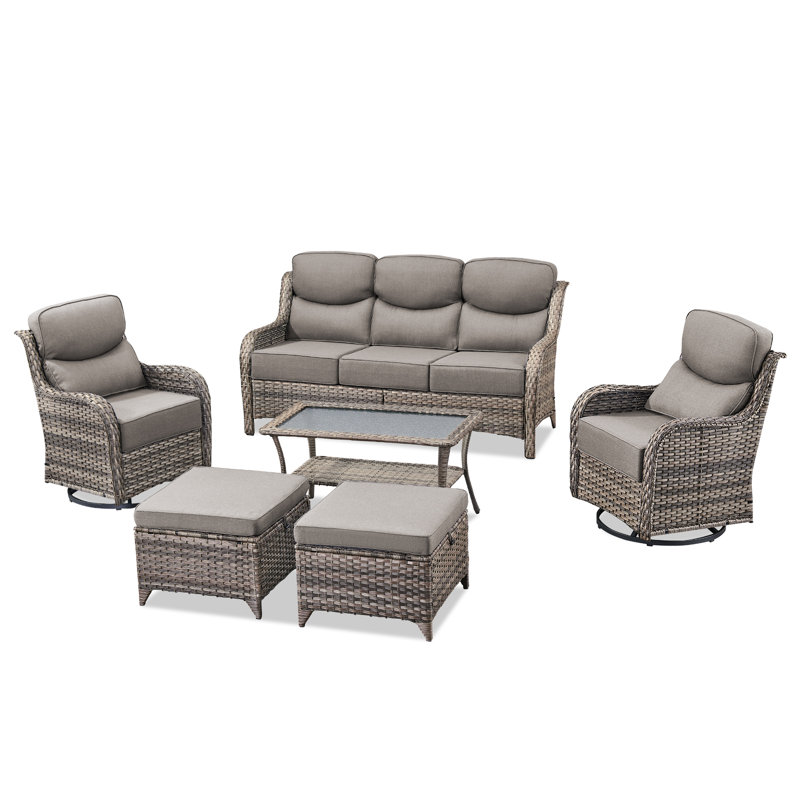 Smilario 7 - Person All-Weather Wicker Outdoor Set With Swivel Chairs, 6" Thick Cushions Included, Gray, Gray