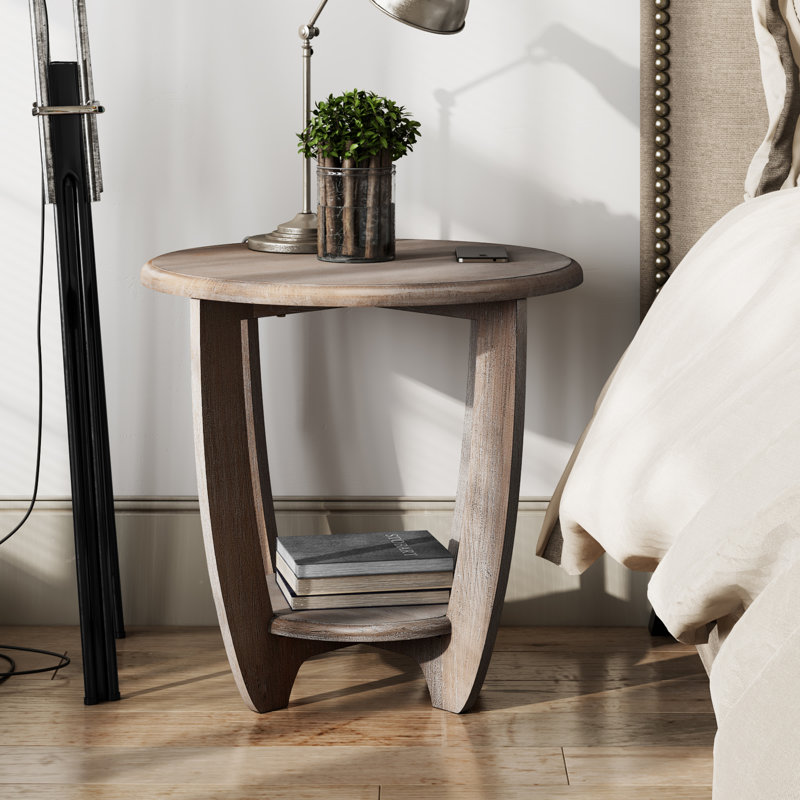 Vintage Grey French Country Round End Table with Storage Shelf