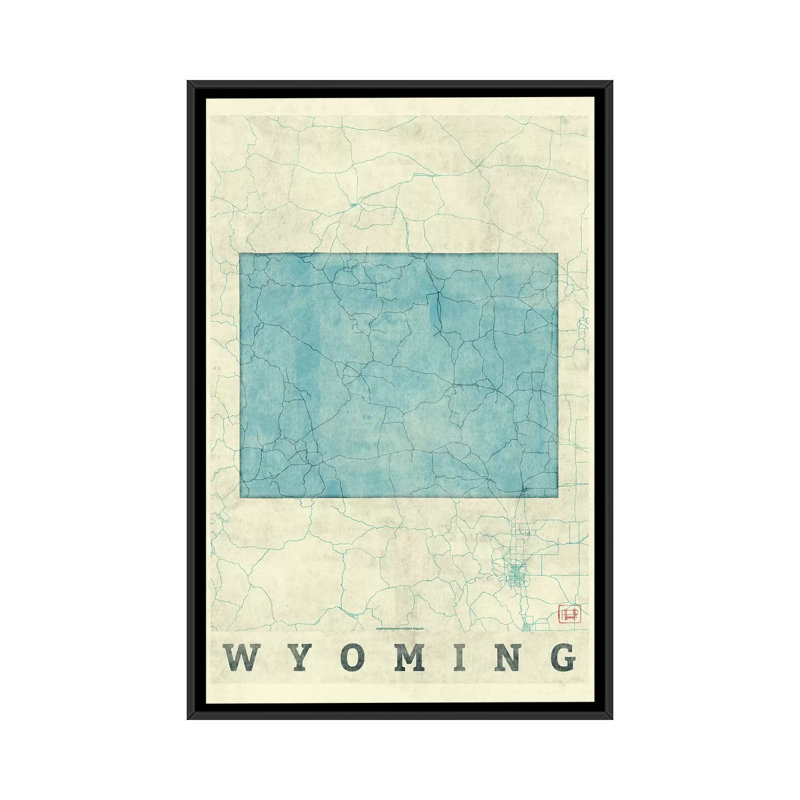 «Wyoming Map», impression sur toile, H 26 po x l 18 po x P 1,5 po, Toile avec cadre noir, Pas de tapis