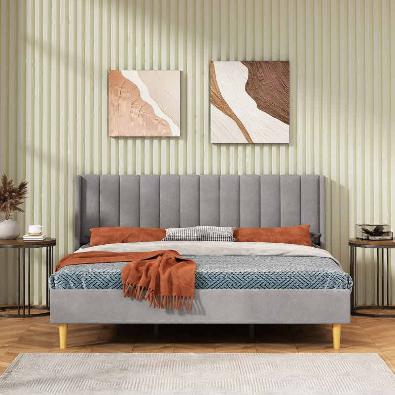 Base de lit tapissier avec tête de lit à oreilles Deeb, Velours gris, Très grand