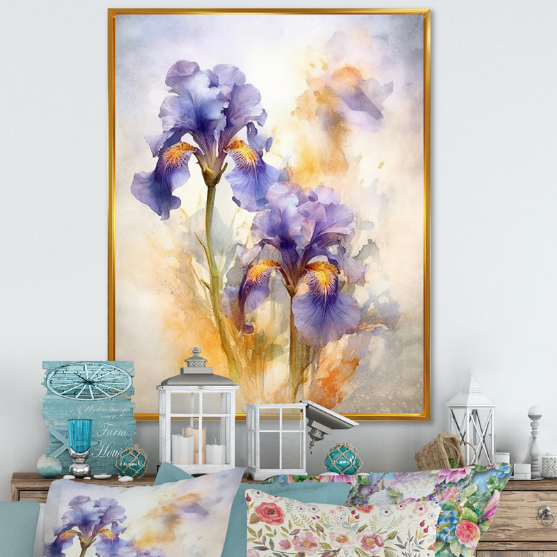 Impression mauve et jaune mauve d'iris sur toile, H 44 po x l 34 po x P 1,5 po, Cadre flottant doré