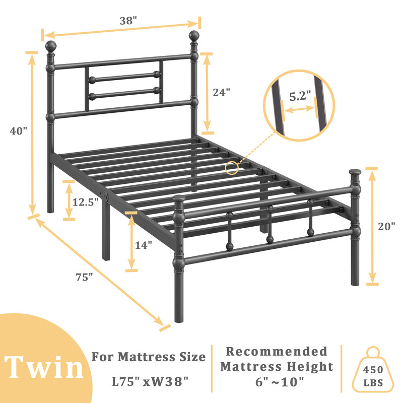 40" Heavy Duty Metal Bed Frame, No Box Spring Needed, Noise Free, Twin