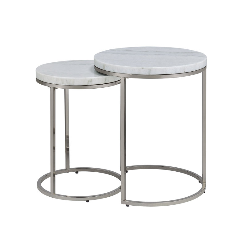 Matzen Contemporary Nesting Table Set with Natural Marble Top in Nickel