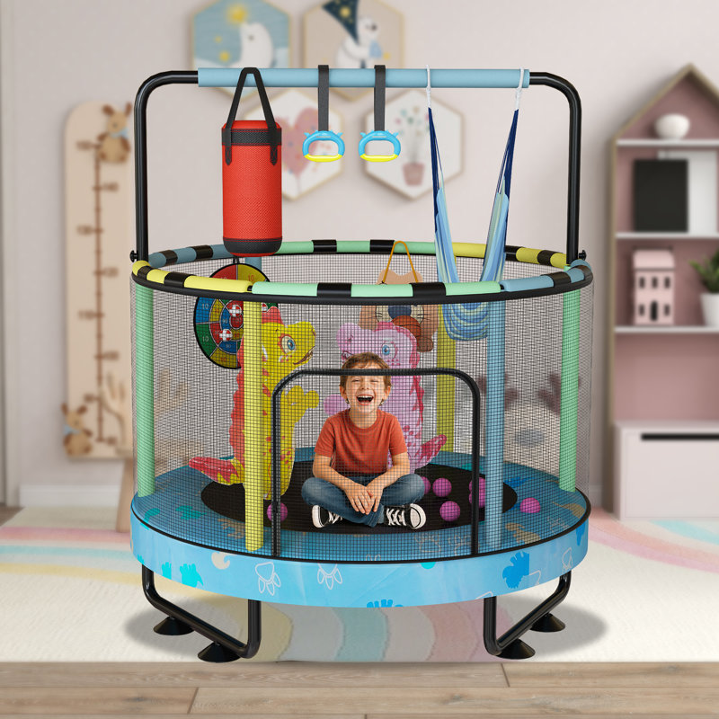 Trampoline rond 55 po 7-en-1 pour enfants avec filet de sécurité, trampoline intérieur et extérieur pour tout-petit avec barre de gymnastique réglable et jouets pour garçons et filles