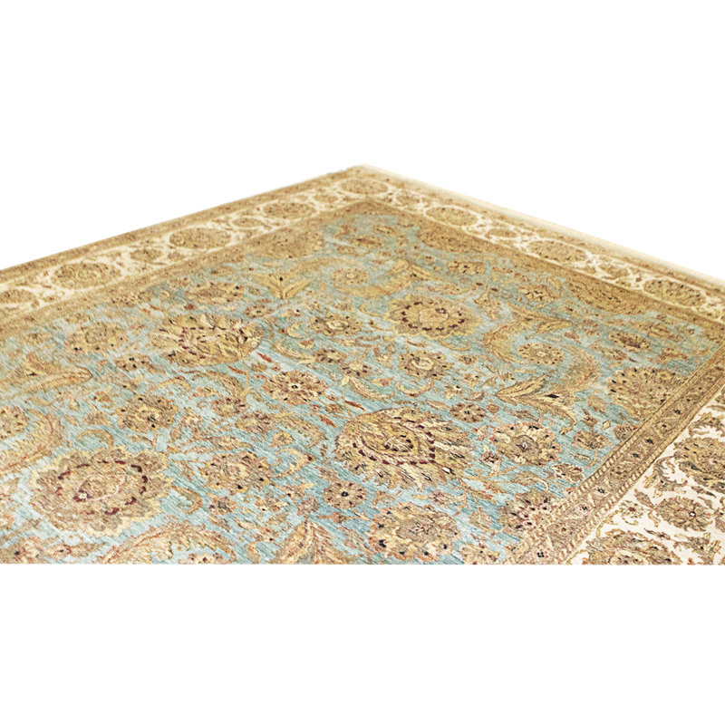 Hand Knotted Wool Area Rug in Light Blue And Cream