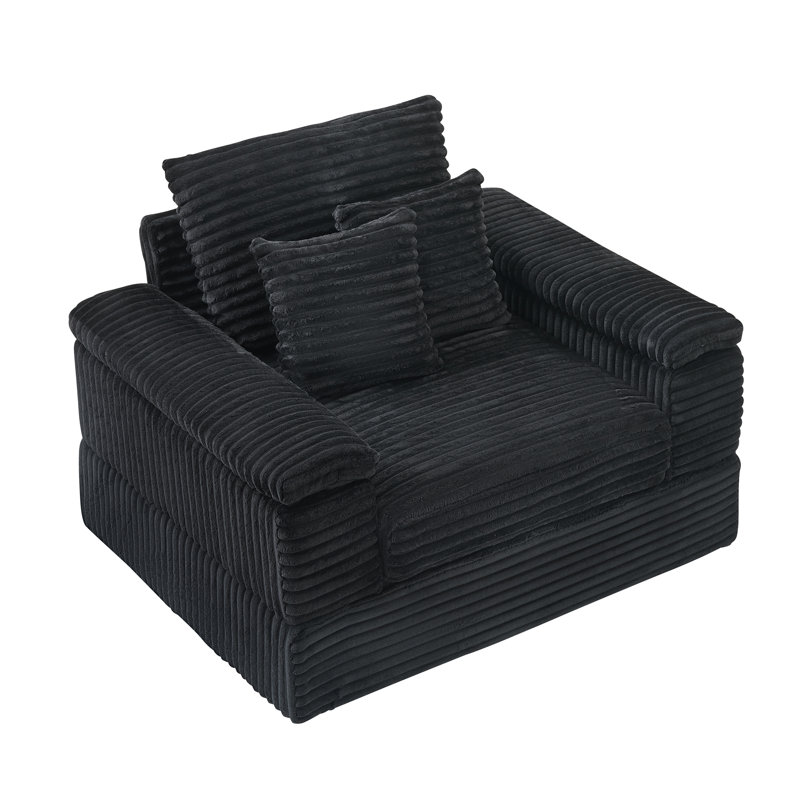 Kothan 44" Deep Seat Single Corduroy Sofa With Ottoman, Black Corduroy