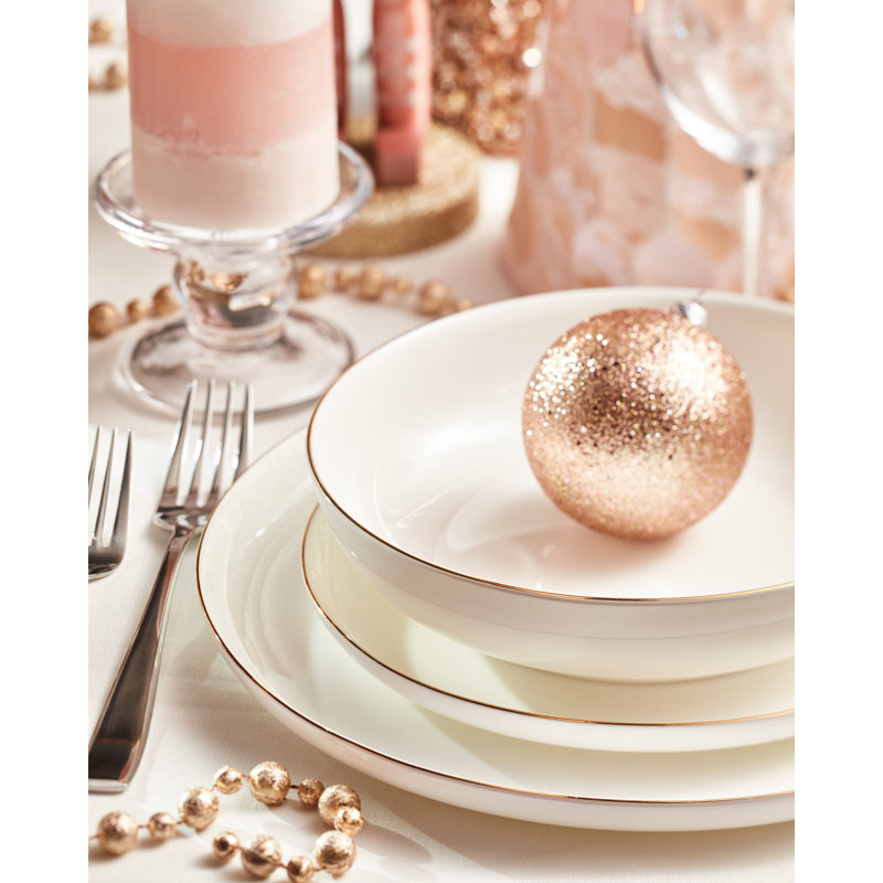 Sable Stone Lain 12-Piece Dinnerware Set Bone China, White/Gold