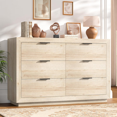 Commode haute à 6 tiroirs pour chambre à coucher, 80 cm (31,5 po), en bois naturel, poignées en métal et trousse anti-basculement, couleur naturelle
