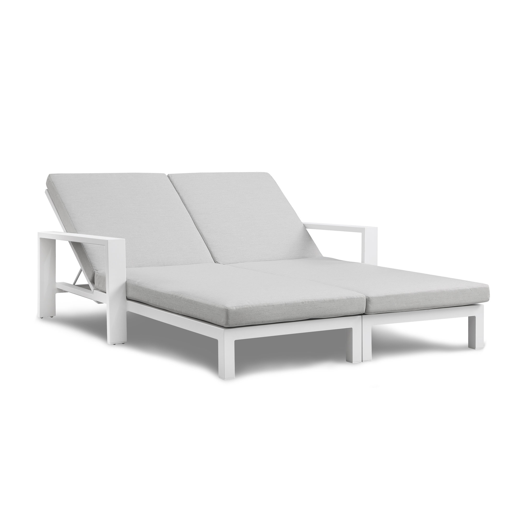Hoyt Outdoor Metal Double Chaise Lounge, Grayish Cushion/Snow White Frame