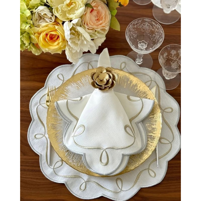 Ribbon Twirl Cotton Blend Scalloped Placemats, Gold/Silver
