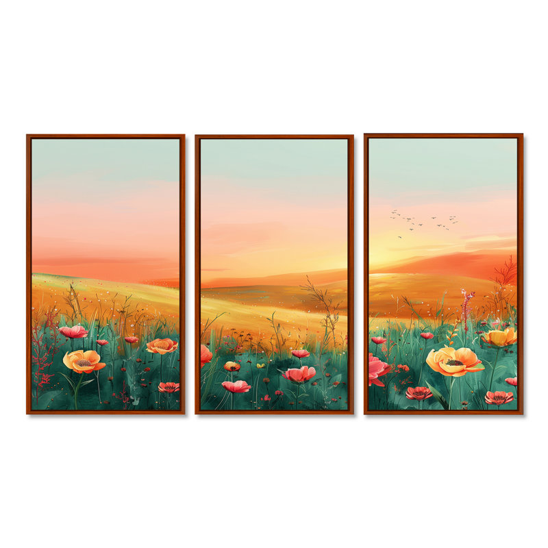 Flower Meadows At Sunset I - Ensemble de décorations murales fleurs, Toile avec cadre flottant brun