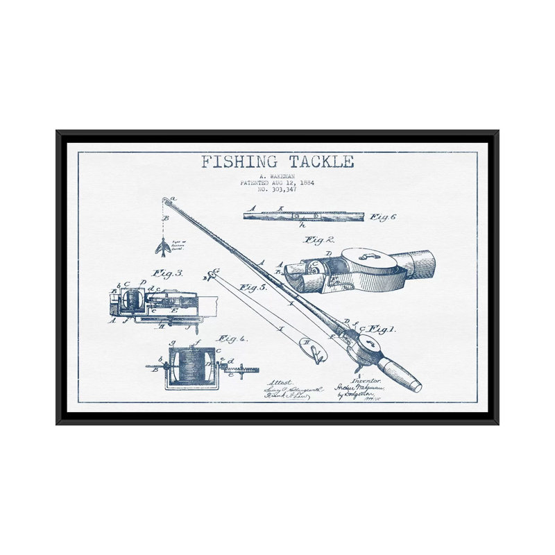 « a. réveil de pêche à l’esquisse brevetée », reproduction d’impression sur toile, H 18 po x l 26 po x P 1,5 po, Pas de tapis