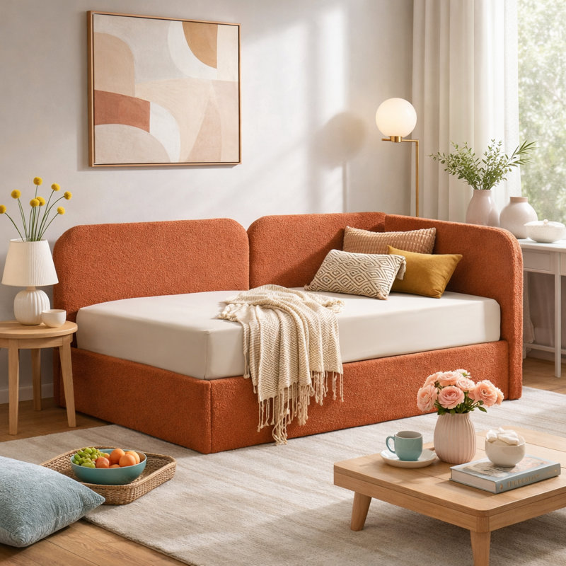 Juanetta Reversible Boucle Corner Daybed with Upholstered Design & Hydraulic Lift-Up Storage, Brown